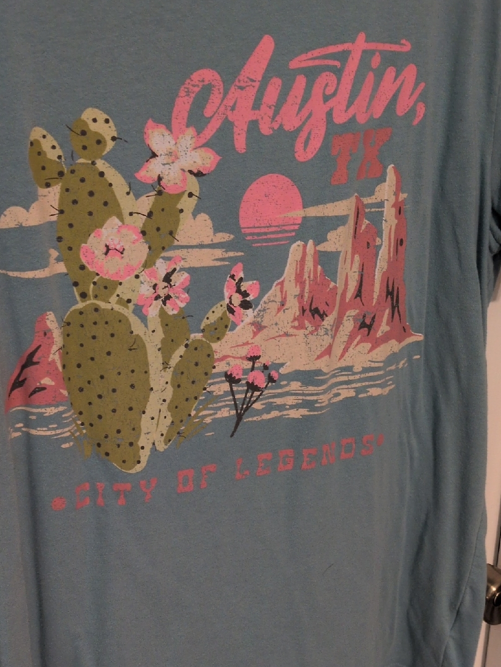 Austin TX Desert Graphic Tee - Blue with Pink & Green Print - Picture 2 of 4